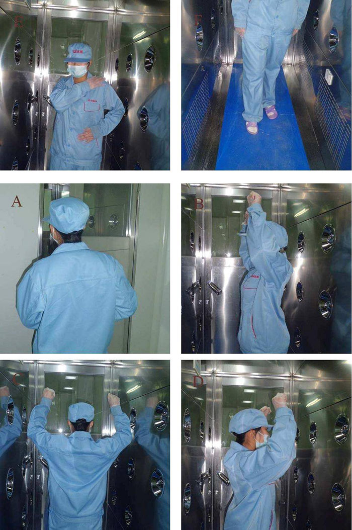 進(jìn)入風(fēng)淋室前無塵服應(yīng)穿著得當(dāng)，袖口和領(lǐng)口需拉緊，避免衣物內(nèi)外的塵埃進(jìn)入。